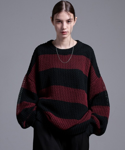 ニット セーター Loose mesh knit hoodie レディース Loose セーター ニット ボリュームスリーブ シアーメッシュ