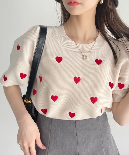 MARDI ハートロゴ 半袖ニットセーター 水色 RACCOON BLENDED TOP SHORT SLEEVE SATIN SPADE（ニット