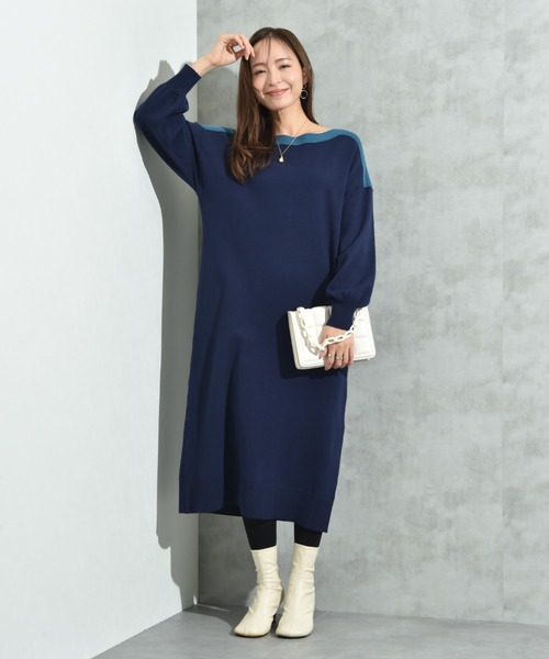 【HOUSE OF LOTUS】ボートネック サイドスリットワンピース M 紺 ボートネックワンピース （7154121009） | INED (Women