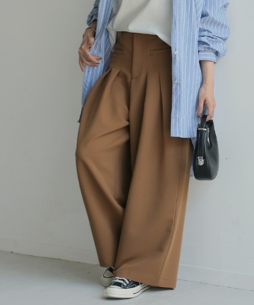 HUG.U スラックス パンツ 立体タックワイドパンツ レディース