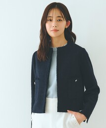 マックスアンドコー イタリア製コットン ツイード調 ノーカラージャケット ピンク grove ジャケット ノーカラージャケット 「雑誌掲載」ツイード