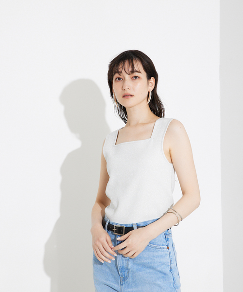 qualite タンクトップ ノースリーブ ラメスクエアノースリーブ