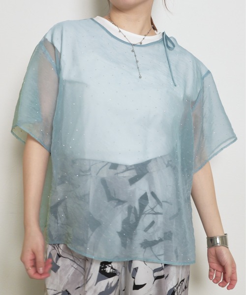 tシャツ 「インナー付き」2ピース ラインストーン シアートップス レディース