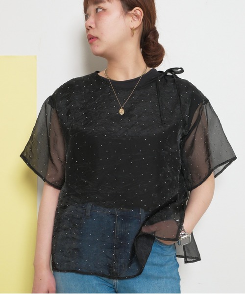 tシャツ 「インナー付き」2ピース ラインストーン シアートップス レディース palm RICHE tシャツ 「インナー付き」2ピース ラインストーン