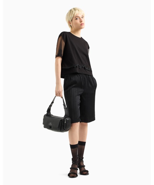 tシャツ 「A|X アルマーニ エクスチェンジ」シグネチャーロゴ メッシュレイヤード 半袖クルーネックTシャツ/CROPPED レディースの画像