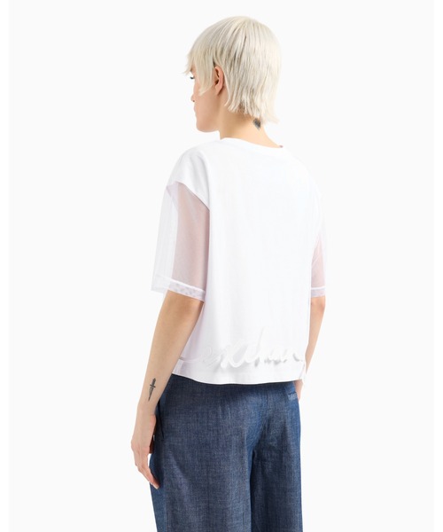 tシャツ 「A|X アルマーニ エクスチェンジ」シグネチャーロゴ メッシュレイヤード 半袖クルーネックTシャツ/CROPPED レディースの画像