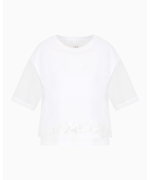 tシャツ 「A|X アルマーニ エクスチェンジ」シグネチャーロゴ メッシュレイヤード 半袖クルーネックTシャツ/CROPPED レディースの画像