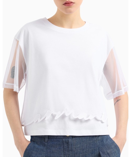 tシャツ 「A|X アルマーニ エクスチェンジ」シグネチャーロゴ メッシュレイヤード 半袖クルーネックTシャツ/CROPPED レディースの画像