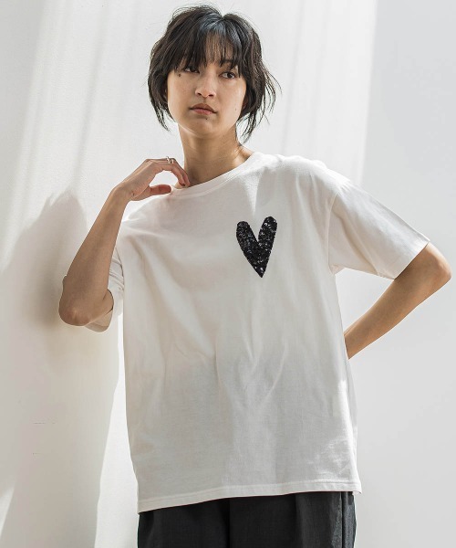 tシャツ スパンコールハート刺繍Tシャツ「洗濯機で洗える」 レディース