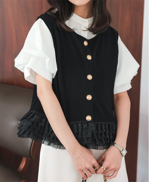 ella エラ　ドビークロスフリルジレ　ベスト　黒 ella_selectshop ドビークロスフリルジレ