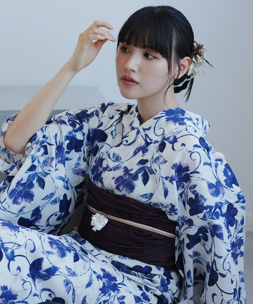 utatane 浴衣 浴衣2点セット 白地にくすみネイビーの唐草小花