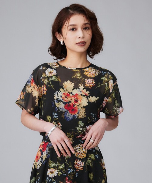 【新品・未使用】DRESS gallery 花柄 長袖 ブラウス シャツ 黒 フレア袖レースブラウス 七分袖 レディース(M ブラック): 東京