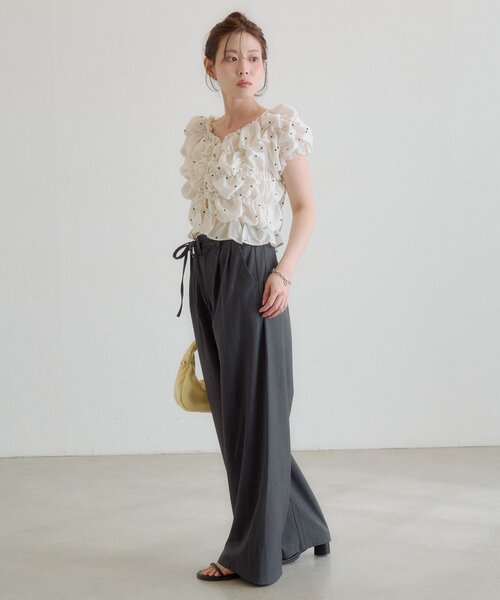 ワイドパンツ スラックス パンツ 「WEB限定/全人類パンツ/2サイズ展開/裏地無し」ピンストライプスラックス レディースの画像