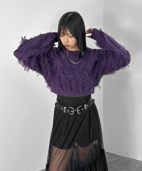 ブラックネット編みトップス フリンジ付き LVEU.（ラブユ） ニット セーター 「LVEU.」フリンジクロップドニット