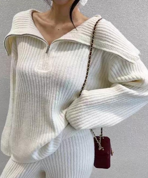 FAVORITO セットアップ ニット襟付きトップスワイドパンツセットアップ