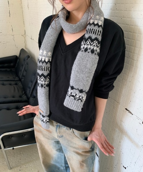 UMITUNAL 手編み マフラー 黒　未使用　ストール　タグ付き マフラー ストール Y2Kフェアアイル編みニットマフラー レディース