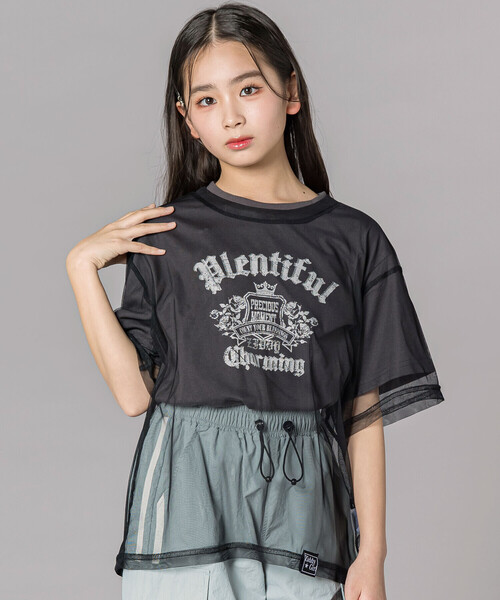 ZIDDY（ジディー） レイヤード風 シアーチュール ラメロゴTシャツ(130
