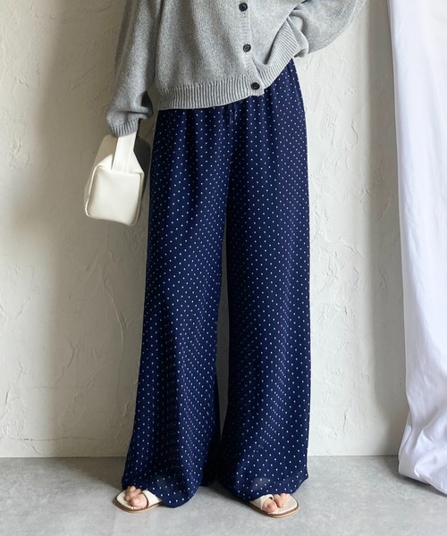 水玉模様のワイドパンツ ネイビー　fancy club She's Closet パンツ 水玉 ドット柄 ストレート ロング ワイド パンツ
