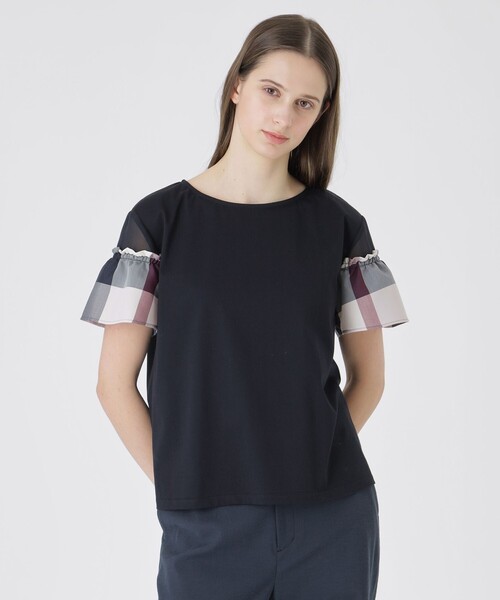 tシャツ 「接触冷感」プレーティング天竺チェックスリーブTシャツ レディースの画像