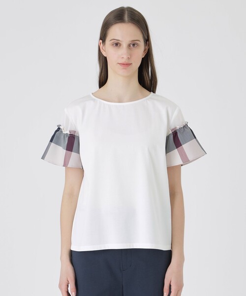 tシャツ 「接触冷感」プレーティング天竺チェックスリーブTシャツ レディースの画像