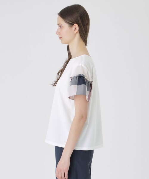 tシャツ 「接触冷感」プレーティング天竺チェックスリーブTシャツ レディースの画像