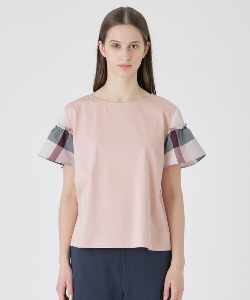 tシャツ 「接触冷感」プレーティング天竺チェックスリーブTシャツ レディースの画像