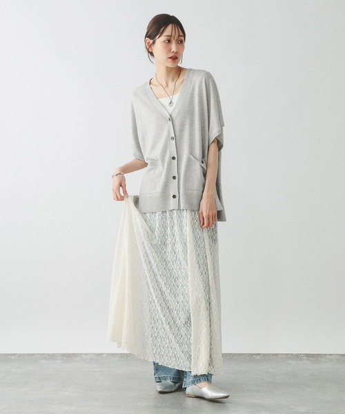 UNITED ARROWS リネン混半袖カーディガン グレー GLOBAL WORK（グローバルワーク） カーディガン リネン混ニットVネック