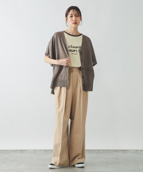 KAPITAL　スモッキング刺繍　半袖カーディガン　羽織り　カーキ　日本製　S GLOBAL WORK（グローバルワーク） カーディガン 夏 半袖 リネン混