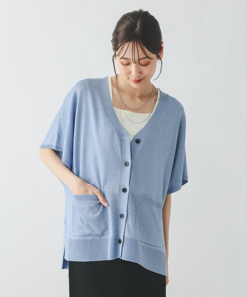UNITED ARROWS リネン混半袖カーディガン グレー GLOBAL WORK（グローバルワーク） カーディガン リネン混ニットVネック