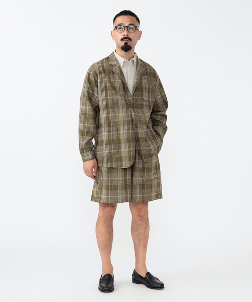 BEAMS+ コート ジャケット 4ボタン メッシュ チェック カフス