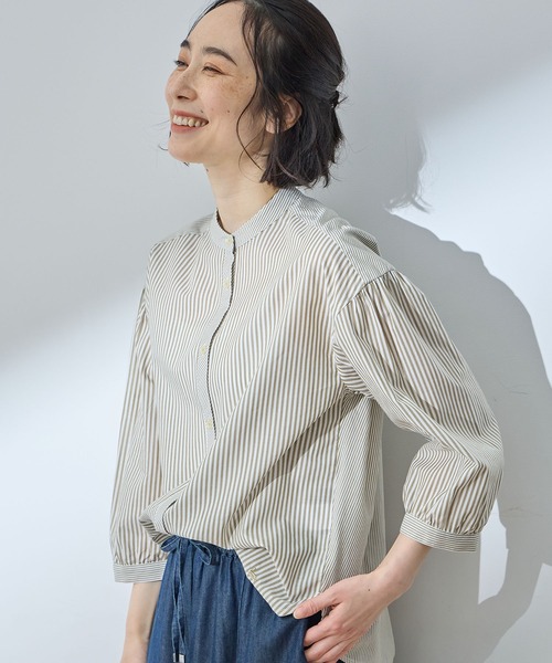 ブラウス シャツ ストライプ切替ブラウス レディース aimoha ブラウス シャツ ストライプ切替バンドカラーシャツ