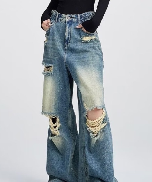 ダメージデニム ワイドレッグパンツ デニム メンズ ジーンズ ダメージデニムパンツ メンズ : ZOZOTOWN Yahoo!店