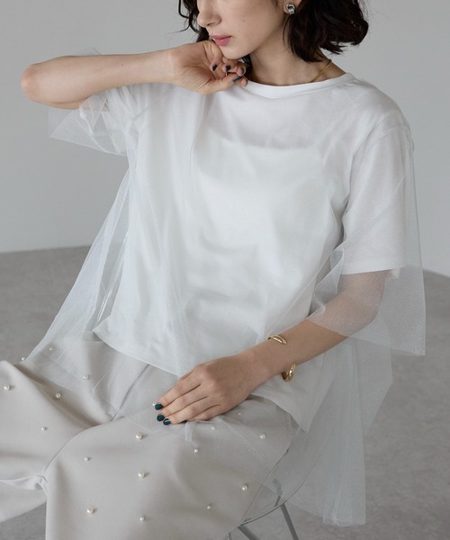 コムデギャルソン チュールレイヤードTシャツ 半袖カットソー ホワイト S each alchemist tシャツ 半袖 ラメ入りチュールレイヤード半袖Tシャツ