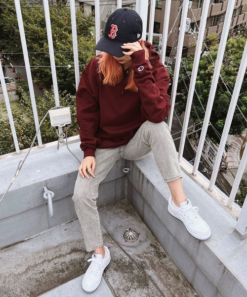「Champion」 プルオーバーパーカー M ネイビー レディース