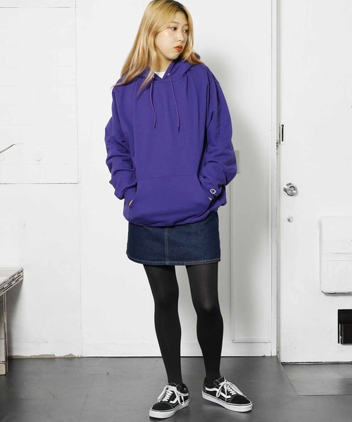 「Champion」 プルオーバーパーカー M ネイビー レディース
