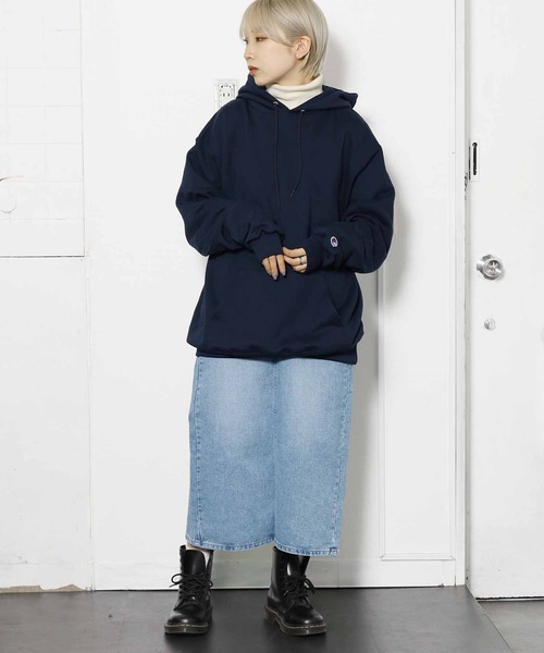 「Champion」 プルオーバーパーカー M ネイビー レディース