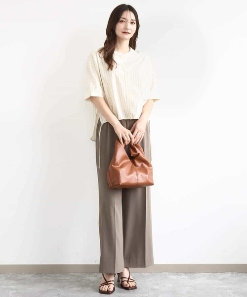 MK MICHEL  / エムケーミッシェルクラン 先染めストライプ柄ドロストデザインカットソー/洗える MK MICHEL KLEIN tシャツ 先染めストライプ柄ドロストデザイン