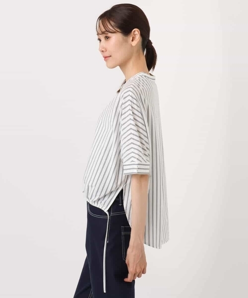 MK MICHEL  / エムケーミッシェルクラン 先染めストライプ柄ドロストデザインカットソー/洗える MK MICHEL KLEIN tシャツ 先染めストライプ柄ドロストデザイン