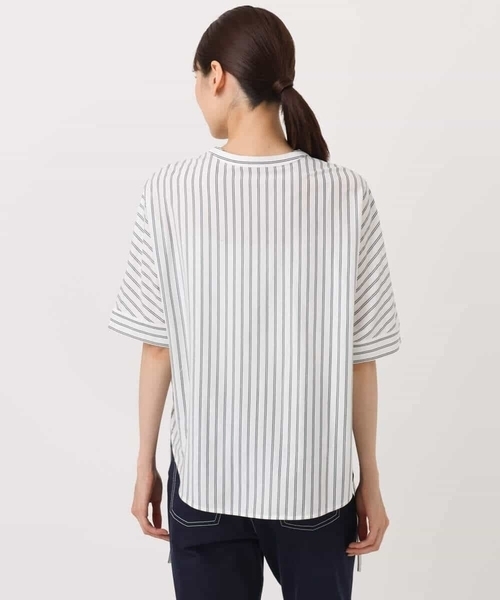 MK MICHEL KLEIN tシャツ 先染めストライプ柄ドロストデザイン