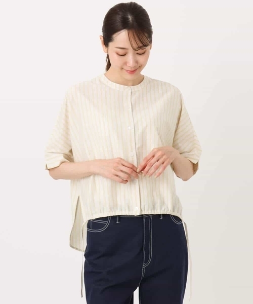 MK MICHEL KLEIN tシャツ 先染めストライプ柄ドロストデザイン