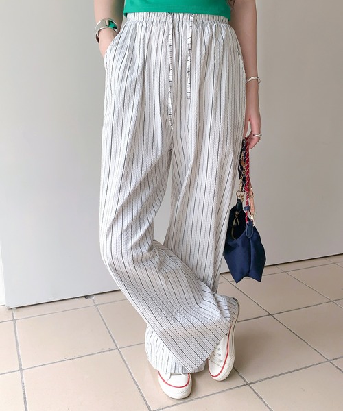 パンツ 楊柳ストライプワイドパンツ レディース : ZOZOTOWN
