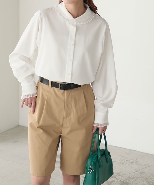 BONLECILL（ボンルシール） ブラウス シャツ オーガンジーフリル丸襟