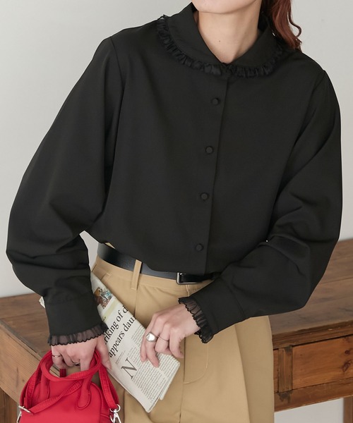 BONLECILL（ボンルシール） ブラウス シャツ オーガンジーフリル丸襟