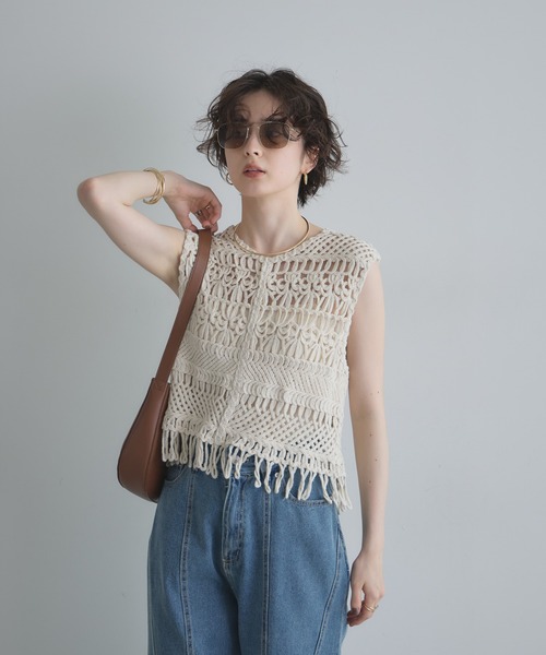 未使用 45R ニットレースNO SLEEVE TOP カットワークベスト 2 前後2WAY】レース編みニットベスト / AMERICAN HOLIC | ファッション