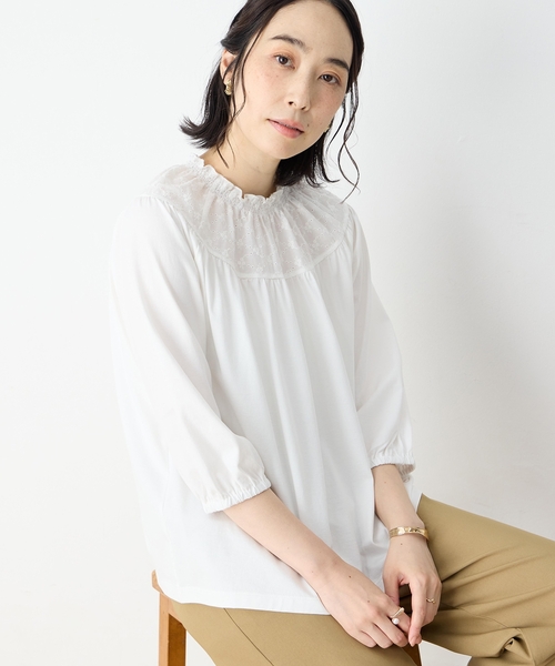 tシャツ シャーリング襟ドッキングプルオーバー「UVカット・接触冷感」 レディース