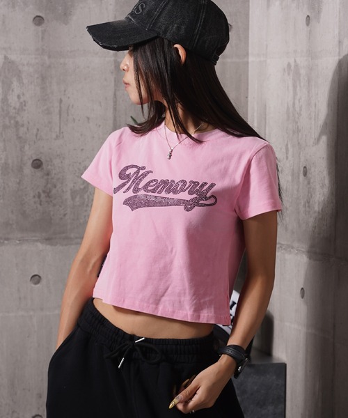 MEMORY tシャツ 「MEMORY」ラインストーン ロゴ ピグメント チビT