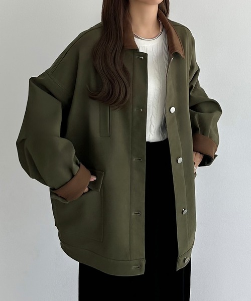 【レア】callautia×yayoi リブニットカラー中綿ジャケット　カーキ yayoi × callautia リブニット中綿ジャケット《カーキ》