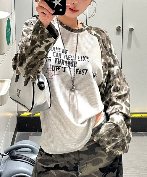SHEENA（シーナ） tシャツ カモフラ柄ラグランスリーブワッフルロンT