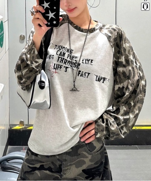 SHEENA（シーナ） tシャツ カモフラ柄ラグランスリーブワッフルロンT