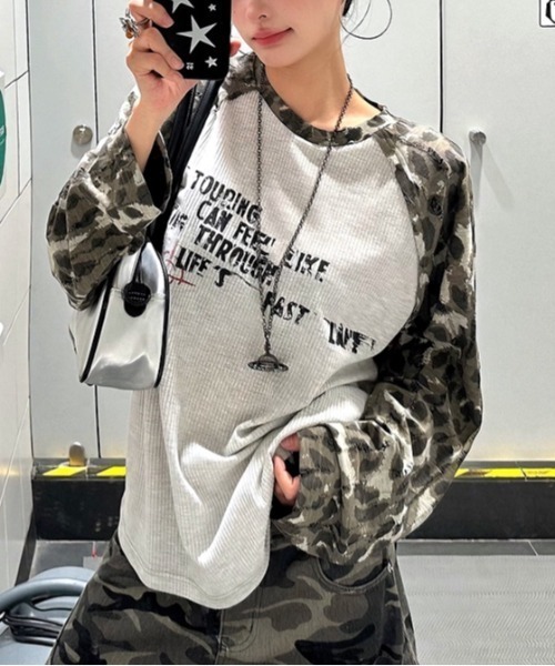 SHEENA（シーナ） tシャツ カモフラ柄ラグランスリーブワッフルロンT